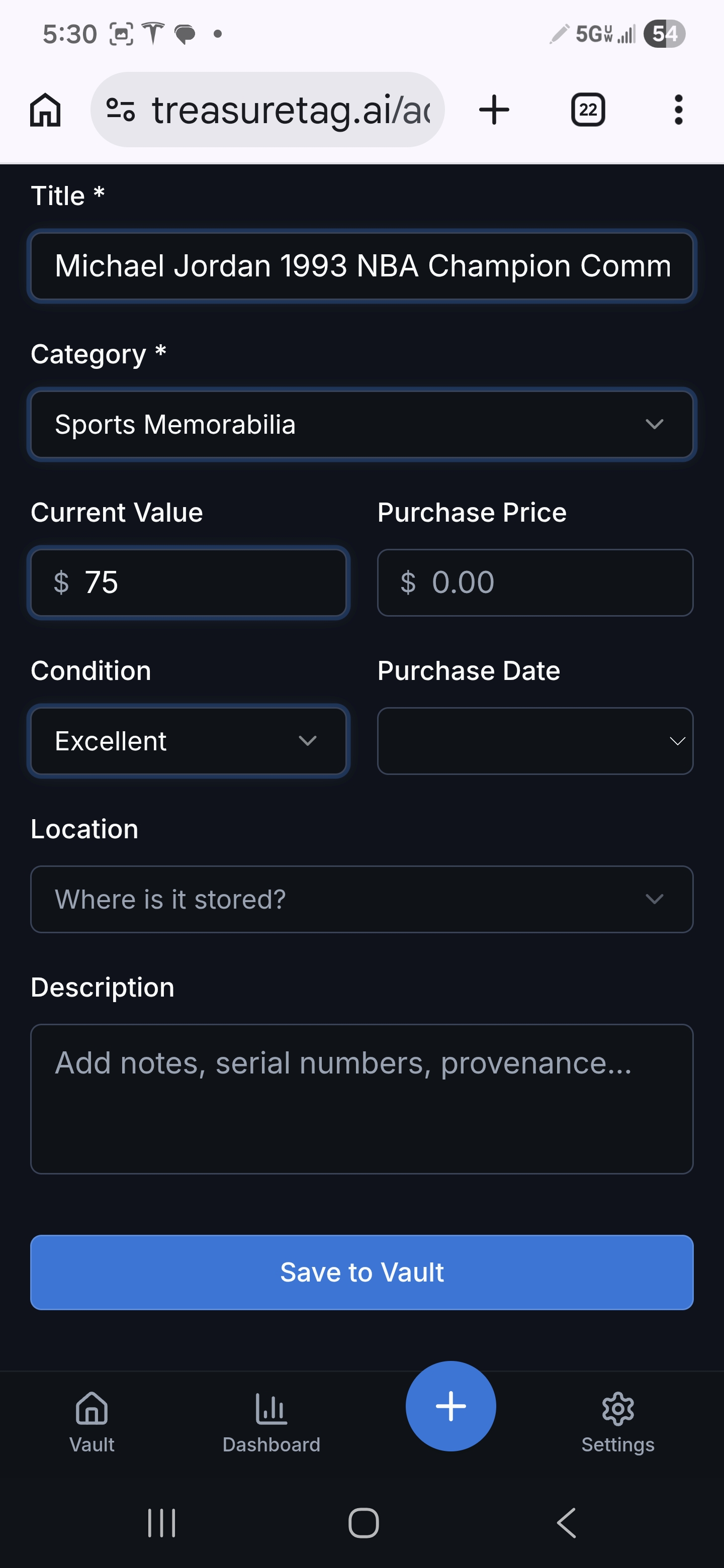 Completed form with Save to Vault